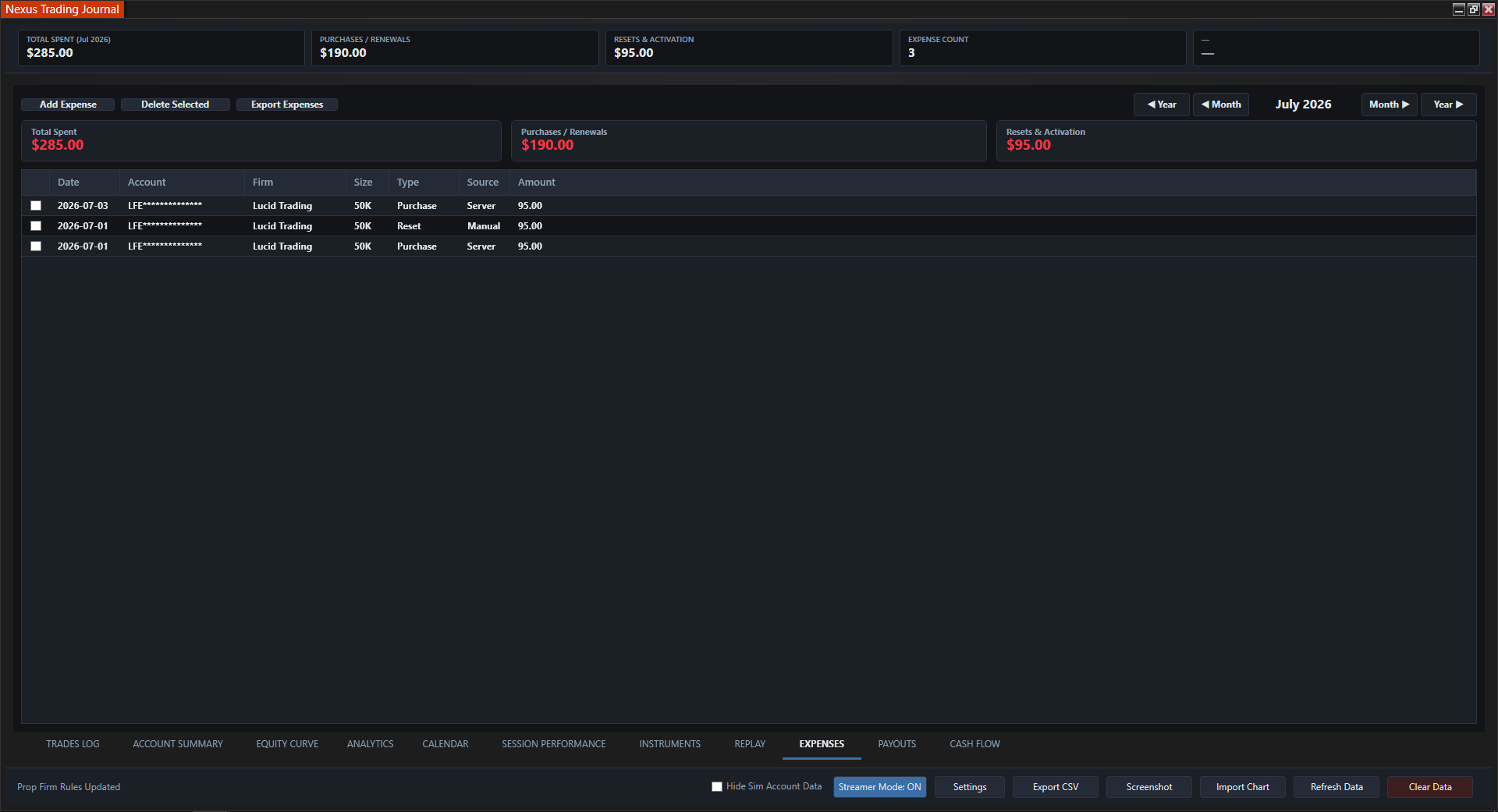 Nexus Trading Journal Expenses tab tracking eval purchases, resets, and activation fees