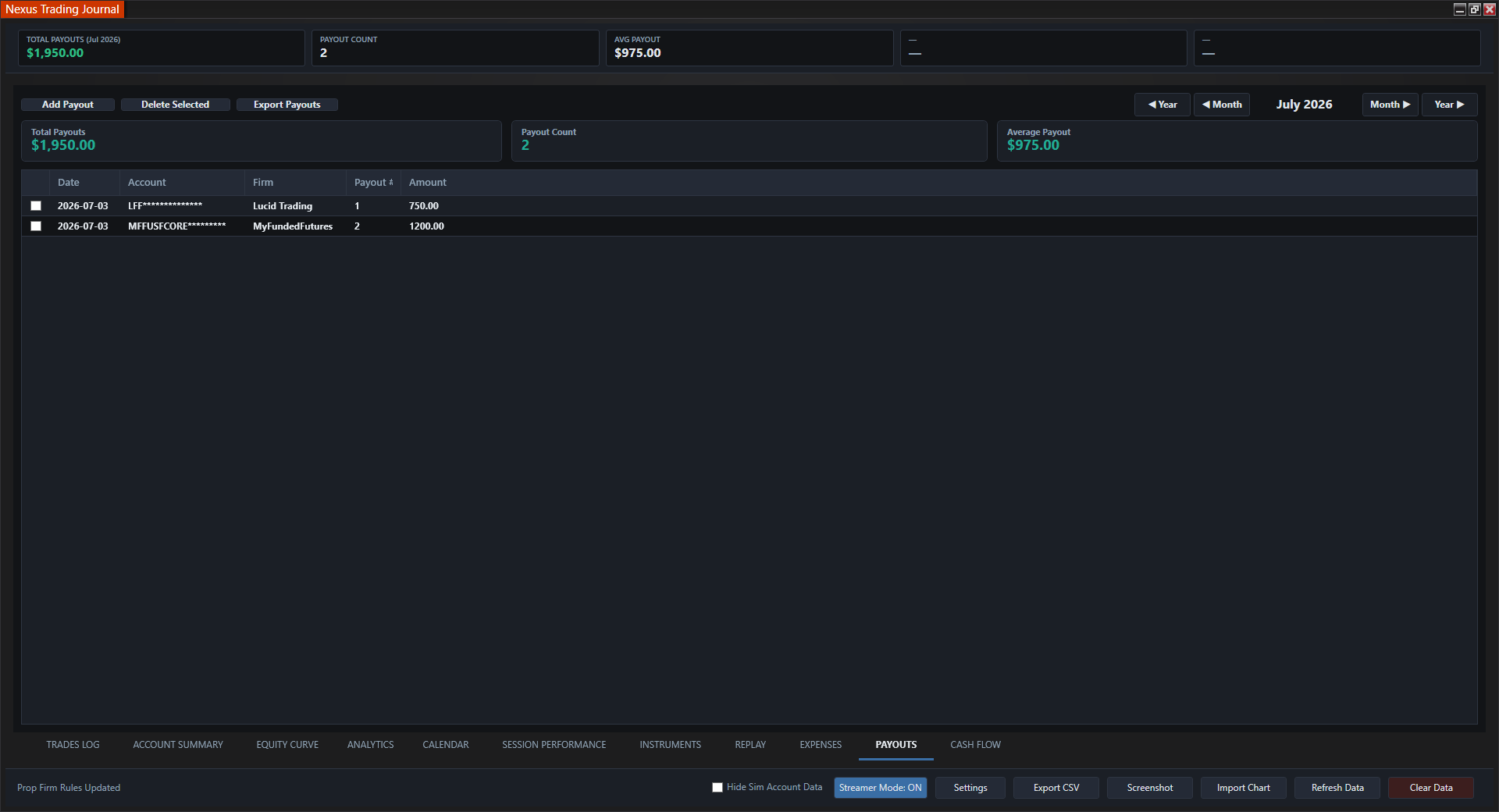 Nexus Trading Journal Payouts tab for manual prop firm payout entries