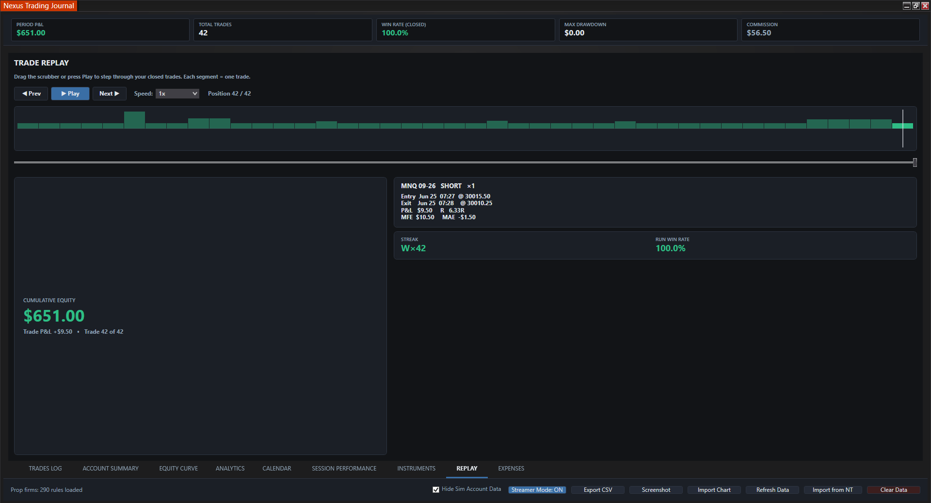 Nexus Trading Journal replay view for stepping through past trades