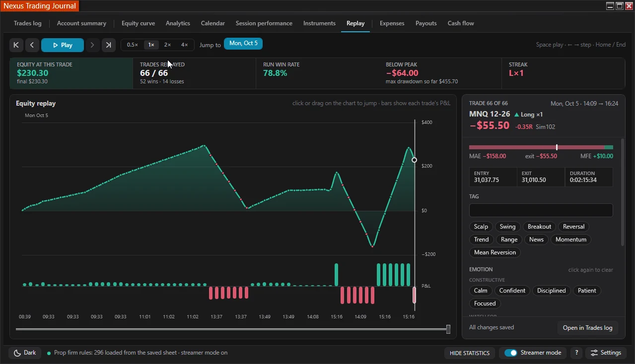 Nexus Trading Journal replay view for stepping through past trades