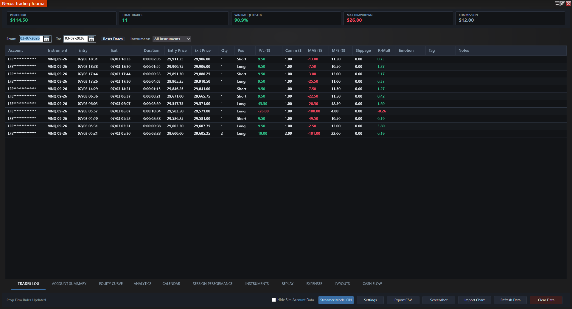 Nexus Trading Journal Trade Logs tab with auto-captured executions, P&L, MAE, MFE, and slippage