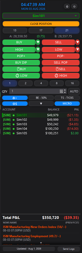 Nexus Chart Trader panel with a bright green execution button theme