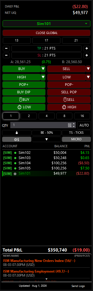 Nexus Chart Trader bracket-focused execution panel