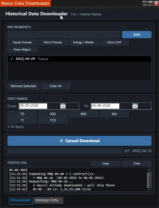 Nexus Data Downloader for NinjaTrader 8