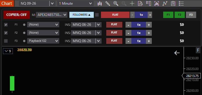 Nexus Copier account replication interface on a NinjaTrader 8 chart