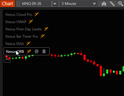 Nexus Indicator List overlay on a NinjaTrader 8 chart