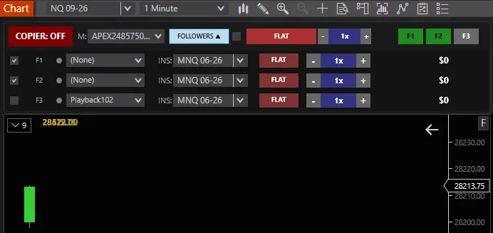 Nexus Copier account replication interface on a NinjaTrader 8 chart