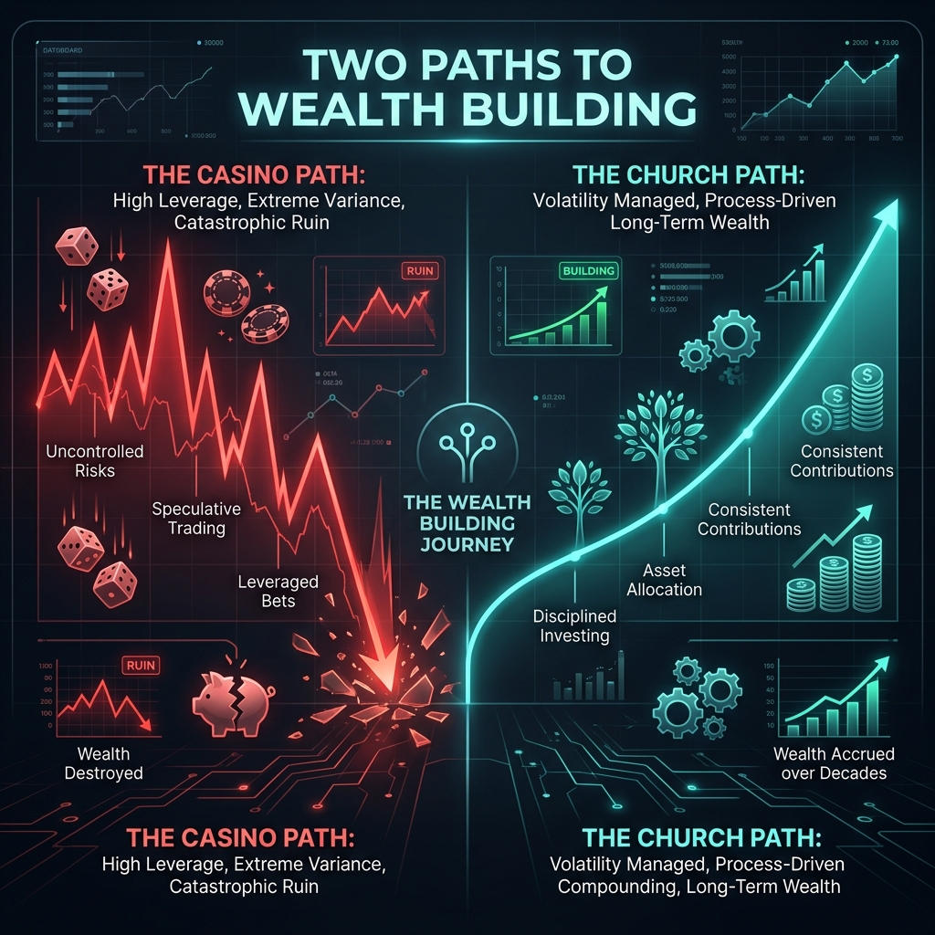 Infographic illustrating the Casino Path of High Leverage vs. the Church Path of long term process-driven compounding