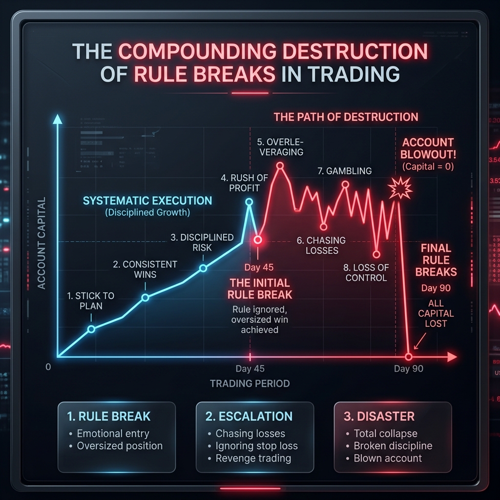 Infographic demonstrating how a single rule break leads to a vertical drop in capital