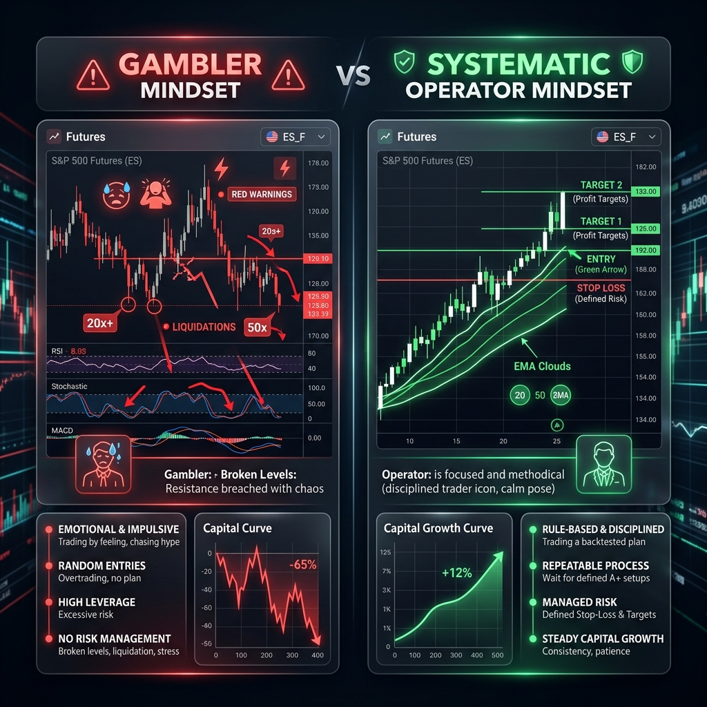Comparison graphic showing the chaotic gambler screen vs the clean systematic operator screen
