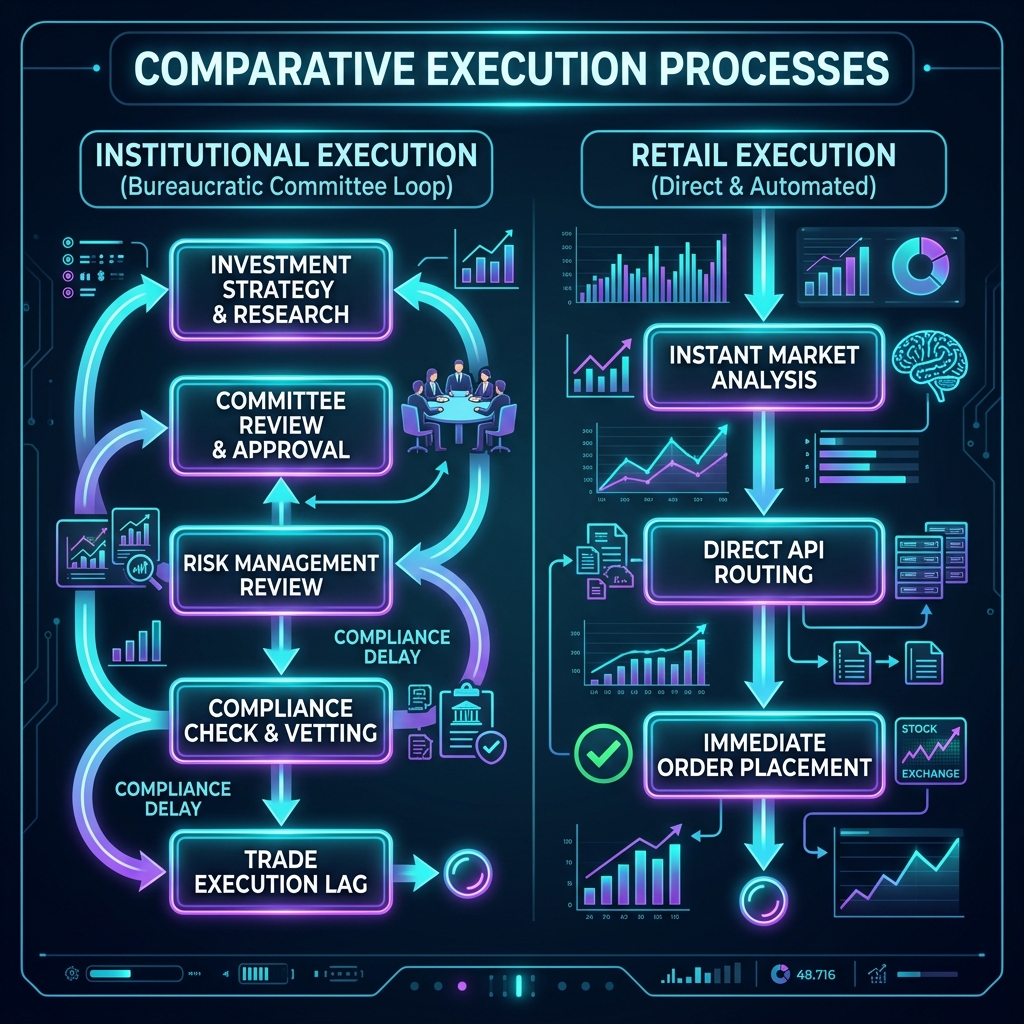 Process flowchart comparing multi-stage Institutional Execution approvals with direct-access retail order execution