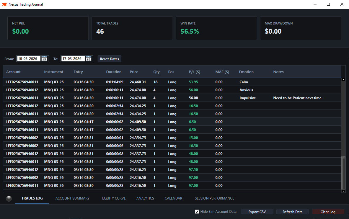 Screenshot of the Nexus Trading Journal for NinjaTrader 8