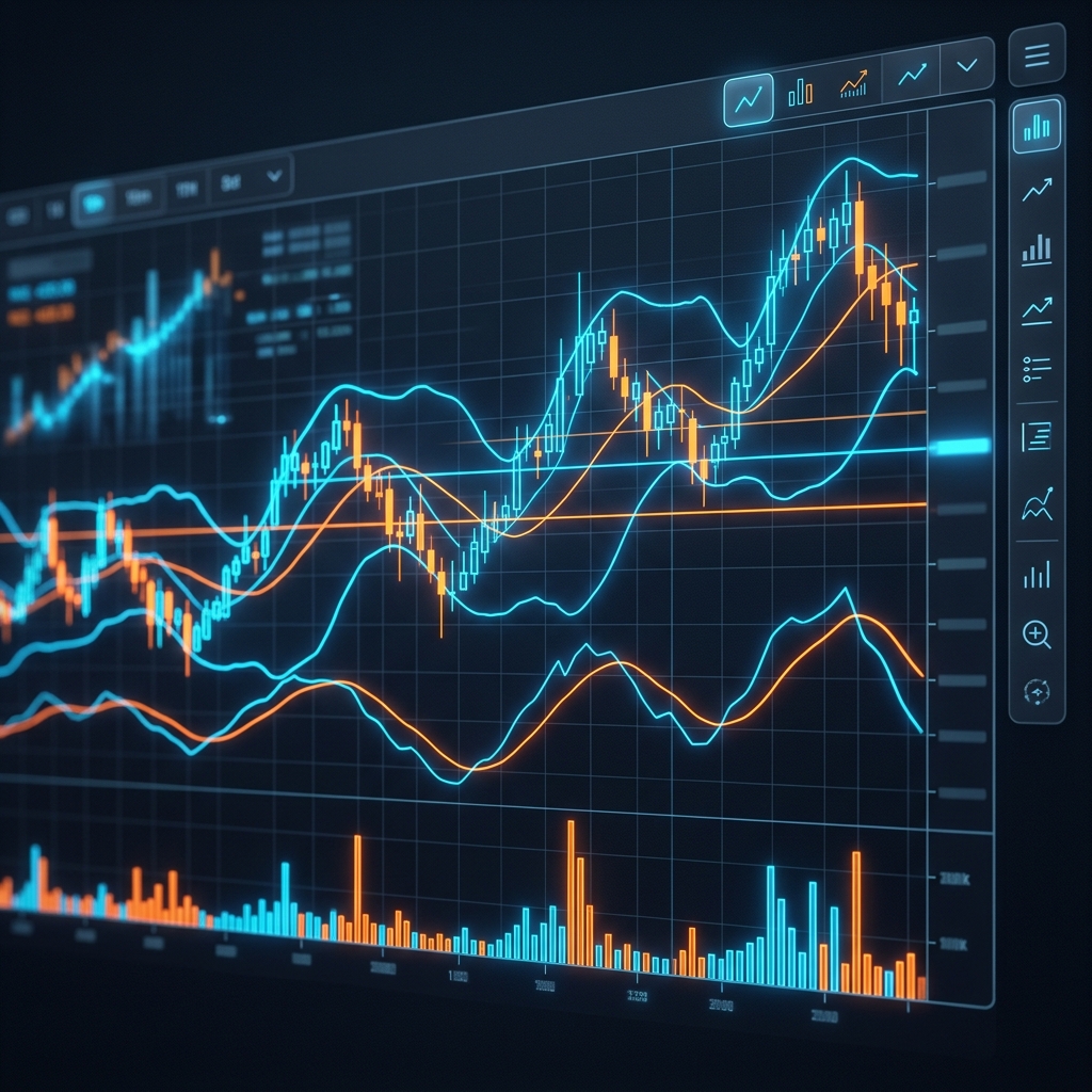 Futuristic financial trading interface featuring abstract momentum and trend visualizer lines