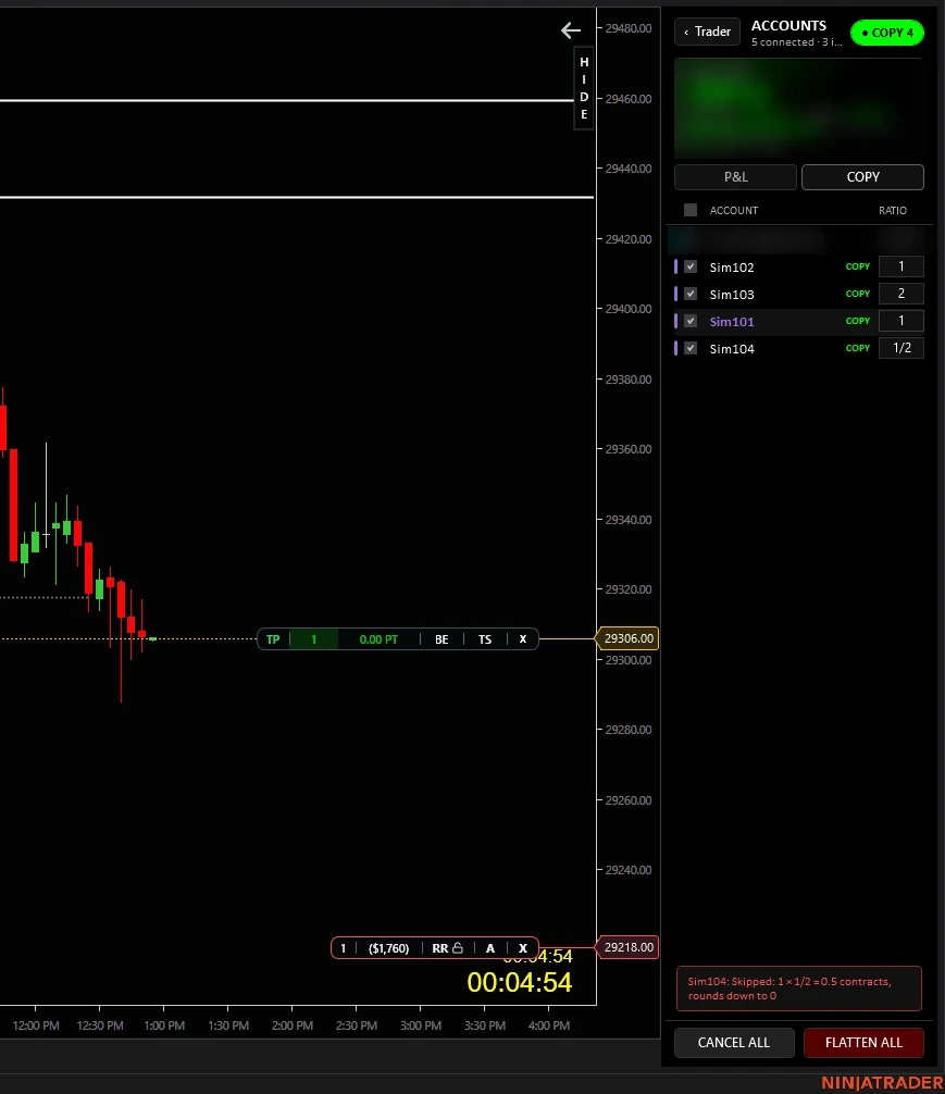 Nexus Chart Trader COPY tab listing Sim102, Sim103, Sim101 and Sim104 with ratios 1, 2, 1 and 1/2, and a red notice at the bottom: Sim104 skipped, 1 times 1/2 is 0.5 contracts, rounds down to 0