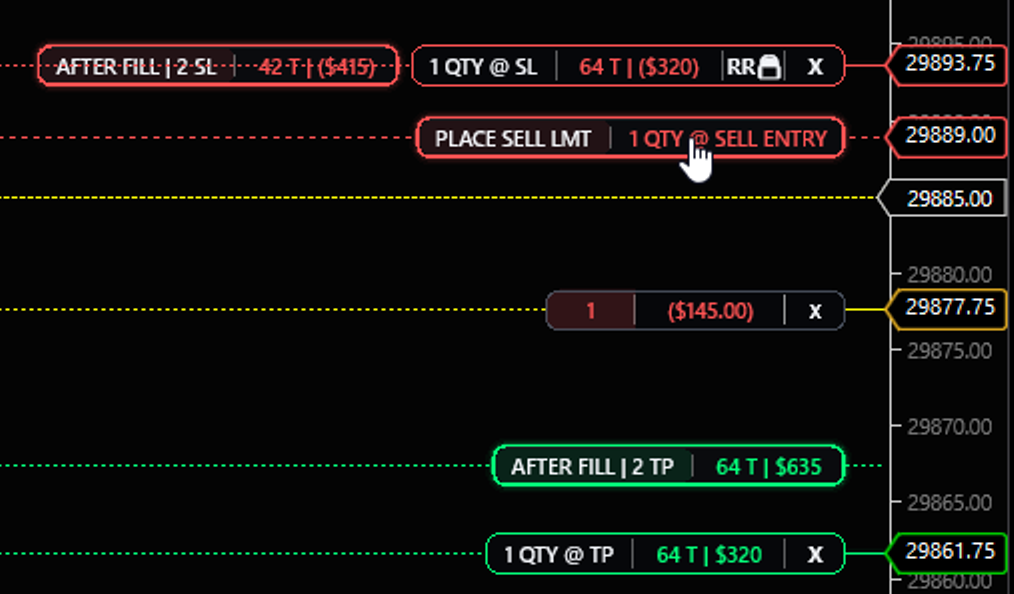Nexus Chart Trader visual order lines for placing, sizing, and managing stops and targets directly on the chart