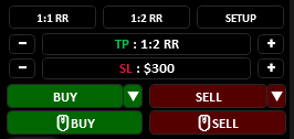 Nexus Chart Trader risk-reward setup with target, stop, and buy and sell controls