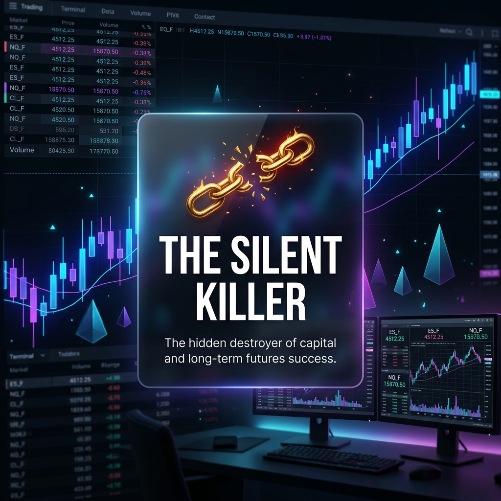 Glowing trading terminal with a central alert card highlighting execution discipline
