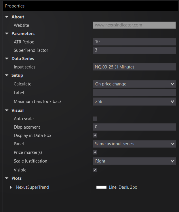 Settings window for Nexus SuperTrend showing ATR Period and Factor customization.